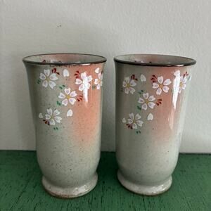 Vintage Japanese Sakura Tea Cups Set Ceramic Yunomi Cherry Blossom Hand Painted